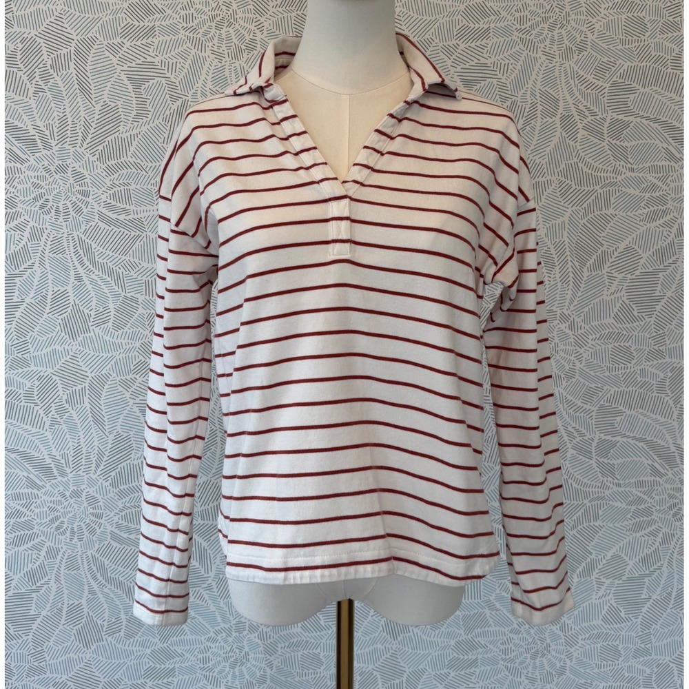 Garnet Hill Organic Cotton Rust Rugby Stripe Collar Long Sleeve Top Small